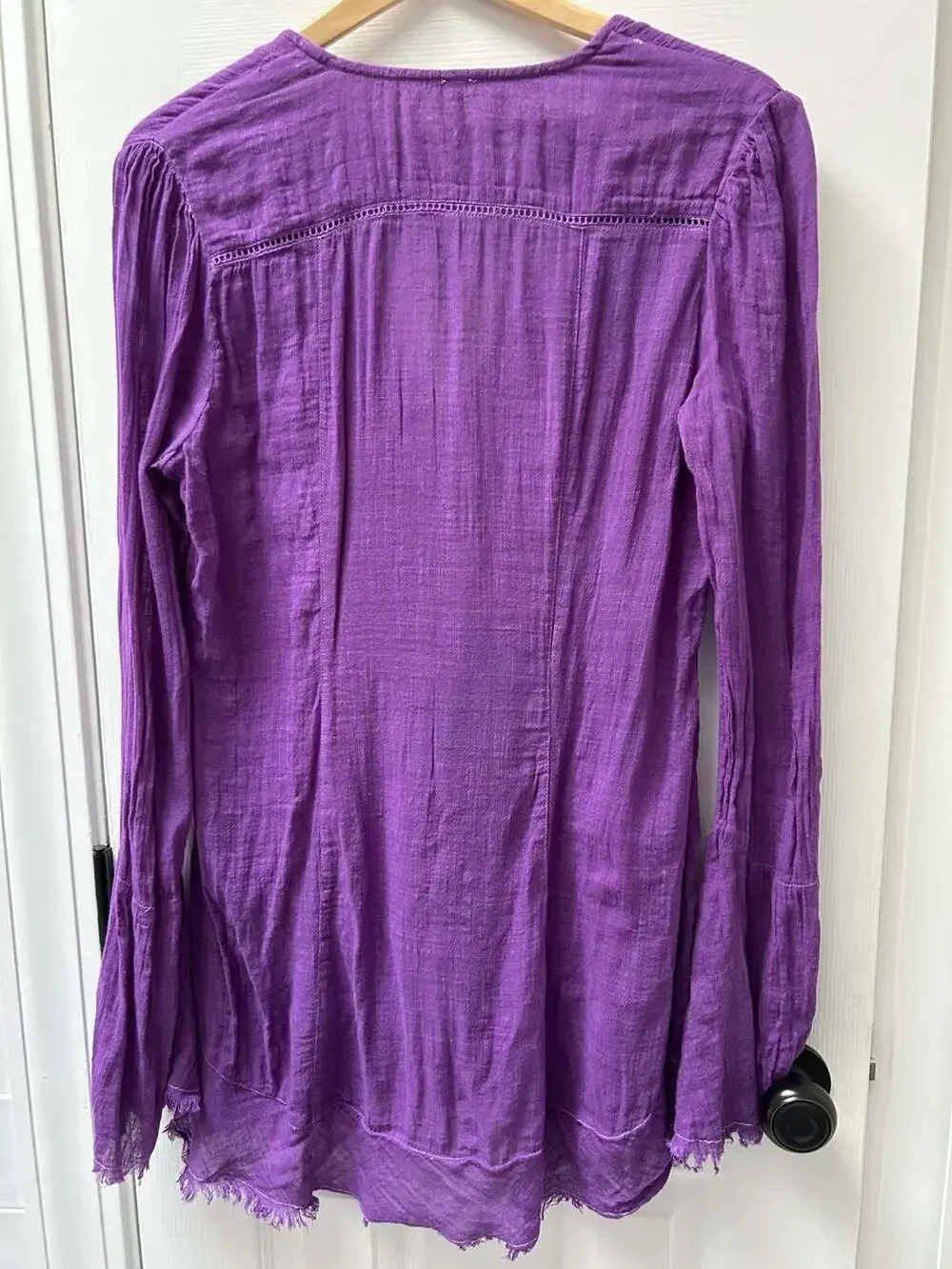 Boho Hippie Free People Bell Sleeve Purple Gauze Button-Front Long Slv Top M